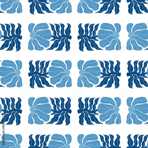 Floral Seamless Pattern. Groovy Abstract Flower tone-on-tone blue blossoms in trendy naive retro hippie. Contemporary monochrome Folk Art
