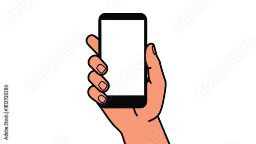 Hand Holding Smartphone Mockup Vector Illustration. Human Hand Gripping Mobile Phone with Blank White Screen Isolated on White Background.