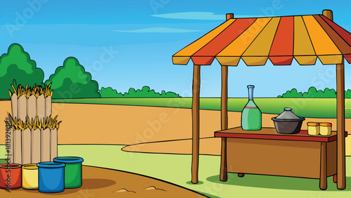 Peaceful village street corner featuring a cozy food stall market vector illustration ai generated art