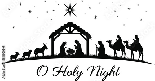 Christmas Nativity scene silhouette, Holy Family in manger, three wise men and animals under star, O Holy Night vector.