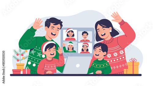 Christmas Video Call: Capturing the heartwarming essence of Christmas, a family joyfully video chats with their loved ones, each person is connected to each other, embracing the joy of togetherness.