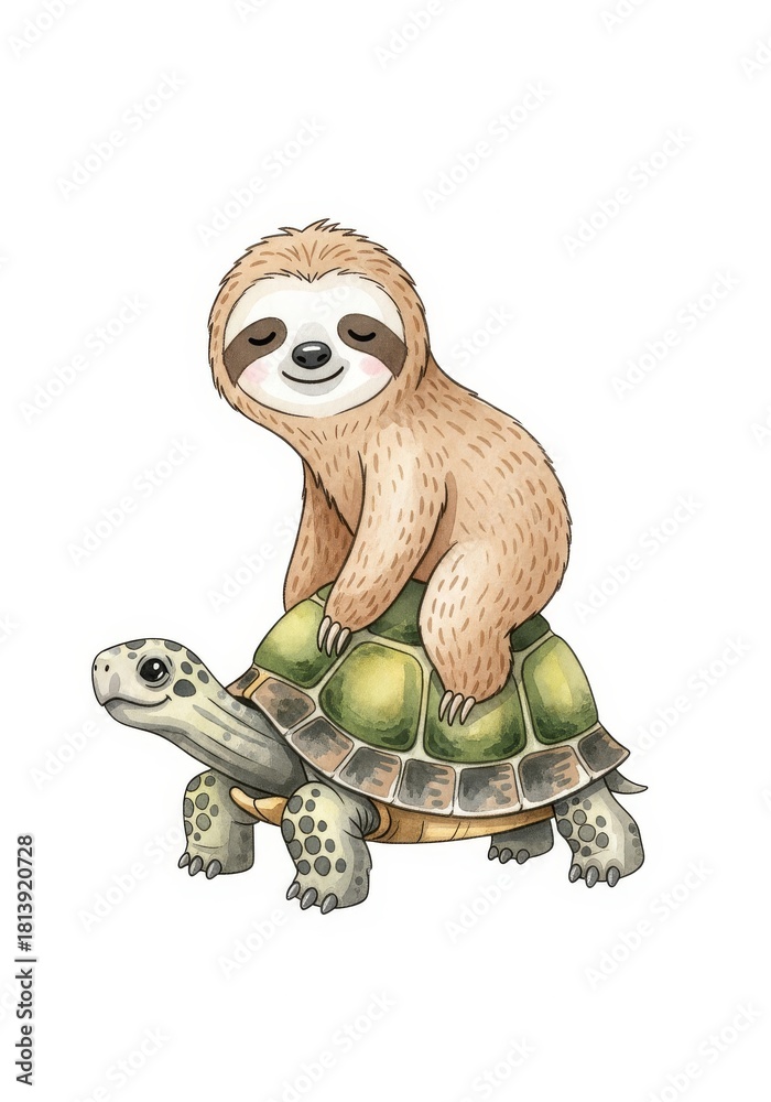 Naklejka premium A Sloth Riding on a Turtle Cartoon - A cute cartoon of a sloth riding on a turtle. It symbolizes friendship, trust, teamwork, support, and harmony