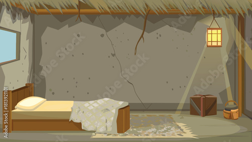 Poor farmer inside room interior single bed vector illustration ai generated art