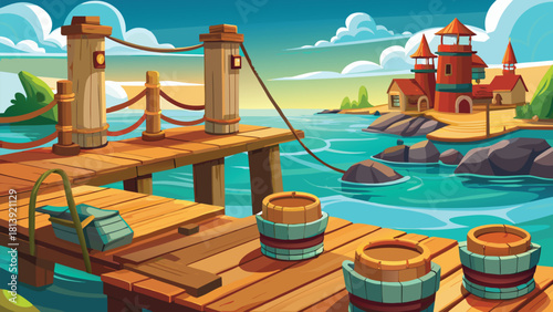 Wooden platforms or port and docks over bright turquoise vector illustration ai generated art