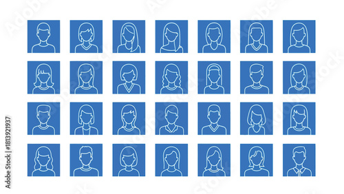 User Profile Avatar Icons Set. Collection of Outline Male and Female Character Portraits on Blue Backgrounds for Web, UI/UX, and Social Media Design.