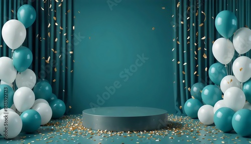 Festive teal background with balloons, confetti and stage platform for display