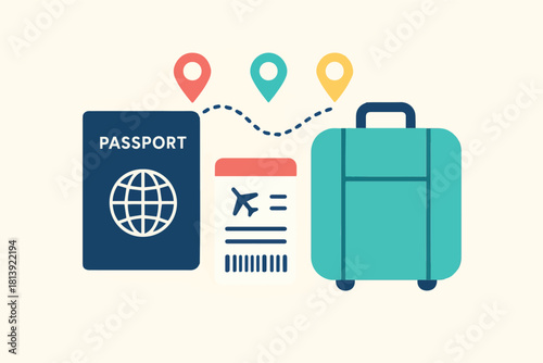 Vector illustration of passport, boarding pass, and suitcase, symbolizing travel and global journeys with location markers