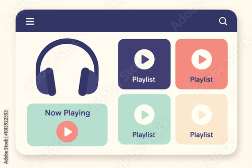 Digital interface for audio playback showcasing a headphone icon and multiple playlist options with play buttons on a soft-colored background