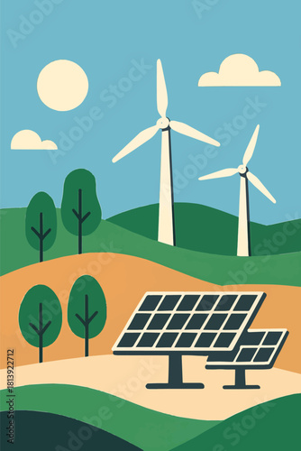 Sustainable energy generation with solar panels and wind turbines in a natural landscape