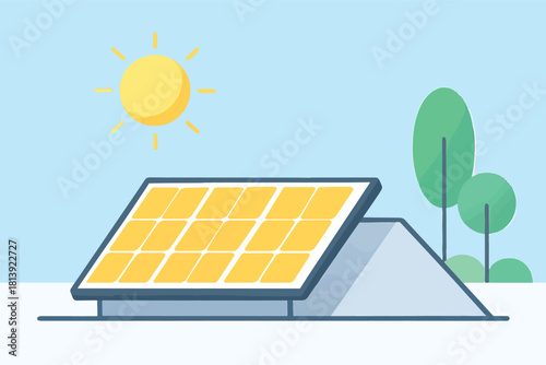 Solar panel on a roof basking in the sun, with trees in the background, representing renewable energy and sustainability