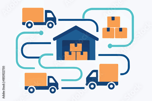 Logistics and supply chain management concepts with trucks and warehouse illustration