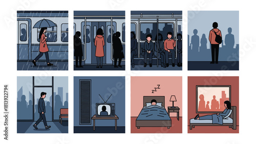 Vector Set of Daily Routine Scenes: Urban Life, Commuting, Isolation, and Relaxation in 8 Illustrated Panels