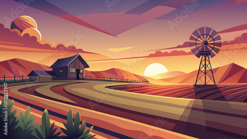 Tropical Asian village under a vivid orange sunset with silhouettes of trees vector illustration ai generated art