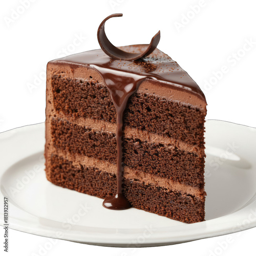 Decadent Slice of Chocolate Layer Cake Drizzled with Rich Ganache and Garnished with Chocolate Swirl on a White Plate Isolated on a Black Background with Subtle Reflections