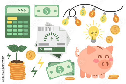 Saving energy and money. Saving bills. Set of money-related icons. Utility bills, piggy bank, calculator. Flat style illustrations.
