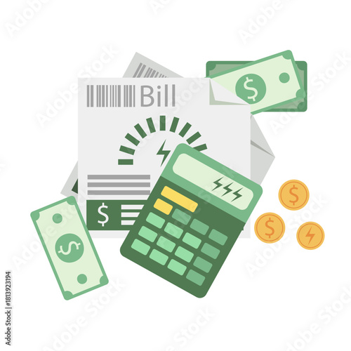 Electricity cost analysis with bills and calculator. Illustration of utility bills with a calculator and payment details. Flat style.