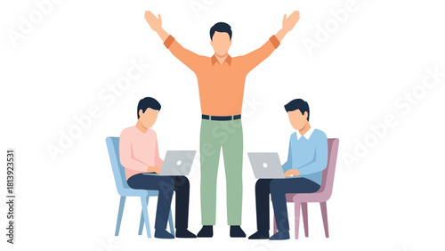 Successful Leader with Team Working on Laptops Vector Illustration