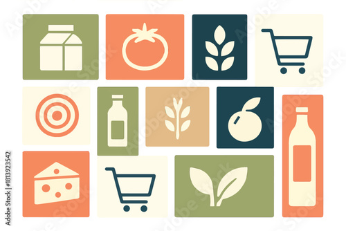 Collection of Grocery Icons Representing Food, Dairy, Produce, and Shopping Essentials