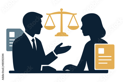 Legal Consultation and Advice Professionals Discussing Justice and Law with Documents and Scales of Justice