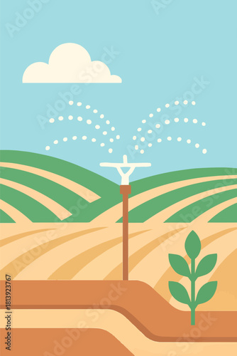 Agricultural irrigation system watering crops in a sunny field with rolling hills and a cloud in the sky