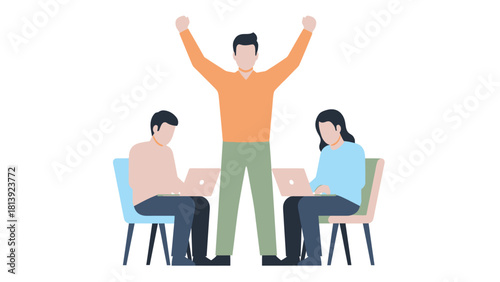 Team success celebration: Leader standing with arms raised while two employees work on laptops, flat vector illustration.