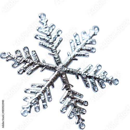 Delicate ice crystal snowflake macro photography against black background with sparkling details and intricate frosty patterns captured in soft light