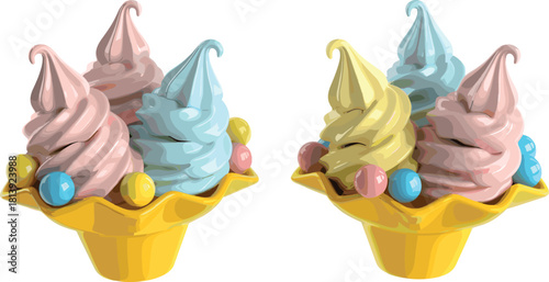 Two glossy soft serve ice cream bowls, pink, blue, yellow swirls, candy toppings, isolated, vector