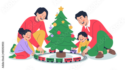 Joyful Christmas Family: A family unit surrounds a beautifully adorned Christmas tree, their faces beaming with delight as they prepare for the festivities of the holiday season.