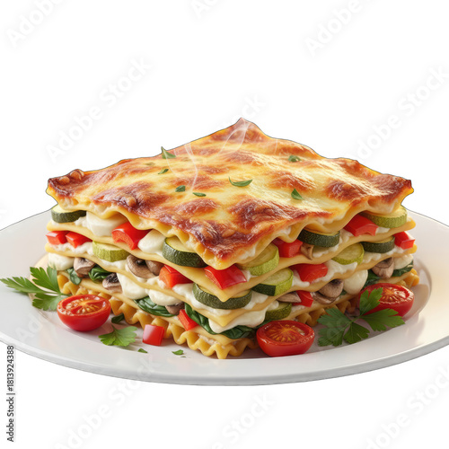 Delicious layered vegetable lasagna with melted cheese topping and fresh parsley garnish served on a white plate isolated on a black background with soft lighting