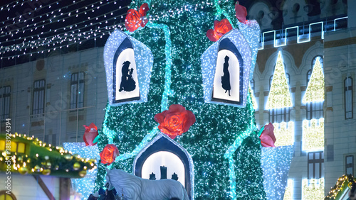 Obraz na plátně Christmas Tree Decor and LED Canopy at Craiova Market