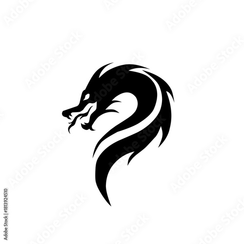 Dynamic, stylized dragon head logo in black silhouette. Features a winding neck and open mouth, symbolizing immense power, speed, and flowing energy for bold branding.