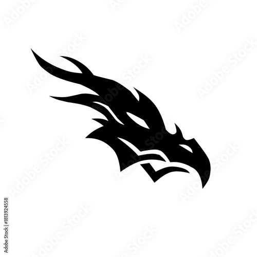Intense, flowing dragon head logo in a black silhouette. This stylized design symbolizes power, speed, fire, and fantasy, perfect for gaming or fierce athletic branding.