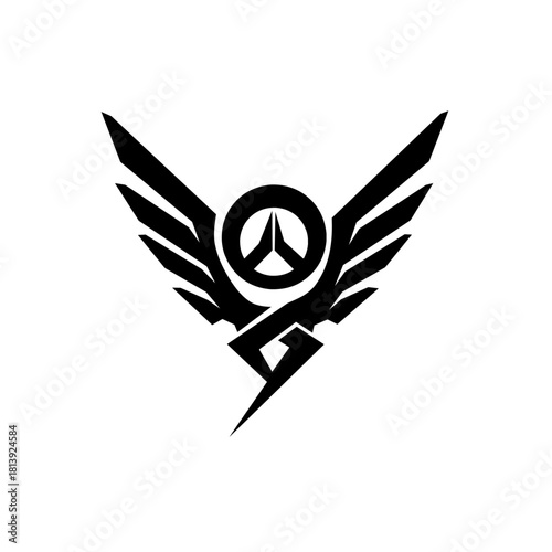 Striking, stylized wing emblem with a central geometric symbol and sharp lightning detail. A powerful black and white design conveying speed, protection, and futuristic gaming.