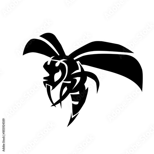 Aggressive, stylized wasp or hornet logo in black and white. This powerful, tribal-inspired insect design symbolizes speed, sting, and energy for fierce branding or apparel.