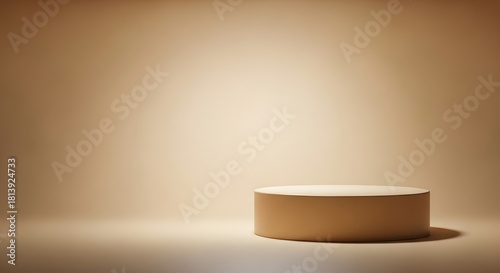 Tan product exhibiting circular stage emphasizing promotional pedestal offering minimal composition with pastel brown neutral background and 3d rendering