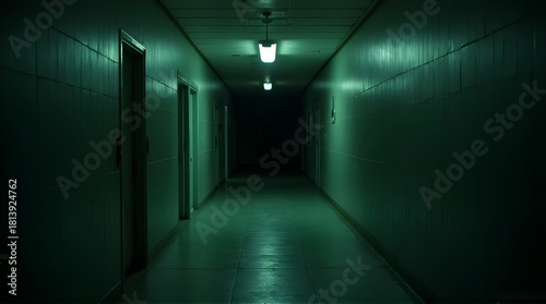 Enter the eerie hallway bathed in unsettling green light, perfect for suspenseful scenes, mystery thrillers, or exploring psychological horror concepts in film and design projects