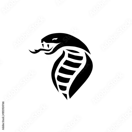 Intense, stylized cobra head logo with fangs and hood detail in bold black and white. A powerful and striking design, great for sports teams, security, or apparel.