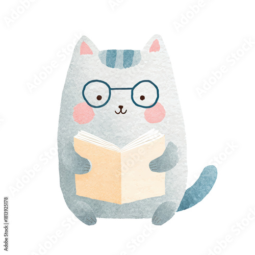 Cute Watercolor Cat Reading Book with Glasses Illustration.