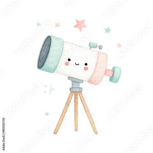Cute Watercolor Telescope Illustration with Stars.