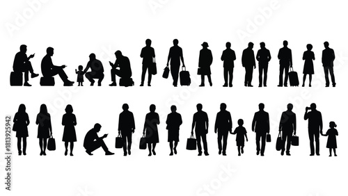 Diverse People Silhouettes Set for Architectural Drawings: Standing, Walking, Sitting Figures, Travelers, and Commuters. Vector Illustration.
