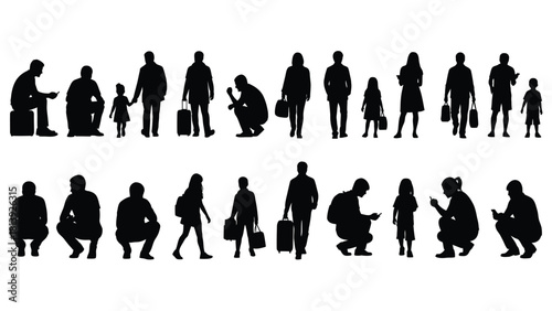 Diverse Crowd People Silhouettes Set: Travelers, Adults, and Children Standing, Crouching, and Using Phones
