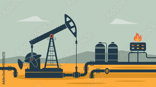 Oil pump jack and pipeline system with storage tanks and flare stack, vector illustration for crude oil production, energy industry, and natural resource extraction