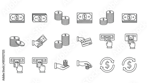 Money and Banking Line Icon Set. Outline Symbols for Cash, Payment, ATM Transaction, Currency Exchange, and Finance Elements