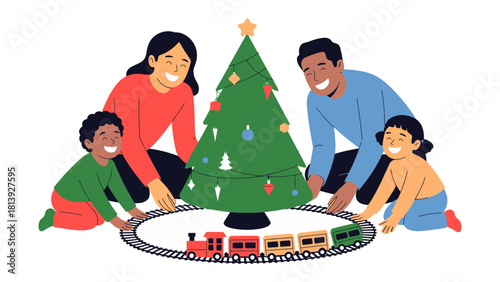 Holiday Joy: A family gathers around a festive Christmas tree, decorating it and celebrating the season with cheer.