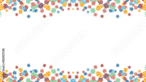 Colorful Virus Cells Border Frame. Vector illustration of abstract COVID-19 coronavirus symbols scattering on a white background, suitable for banners and health awareness designs.