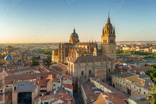 Aerial view of the historic cityscape of Salamanca at sunrise, Spain
