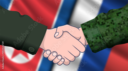 Vector blurred wavy national flags of North Korea and Russia. Friendly relations. Deal. Handshake of soldiers in military uniform. Korean and Russian