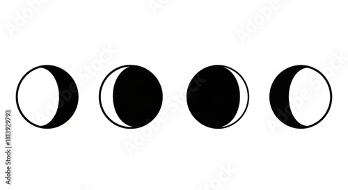 Moon Silhouette Vector Showing Four Phases — New, Half, Gibbous, Full

