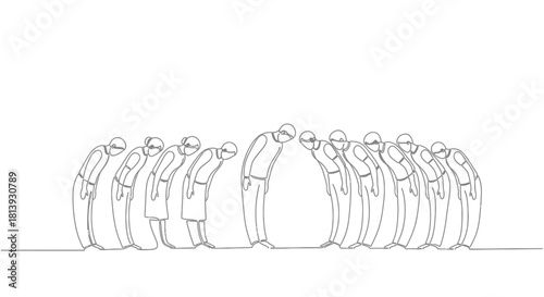 A minimalist line art illustration depicting a group of people bowing as a sign of respect or