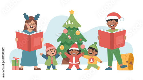 Joyful Christmas Carolers: A cheerful group of carolers, ranging from young children to adults, joyfully sing Christmas carols. A festive Christmas tree, adorned with ornaments.